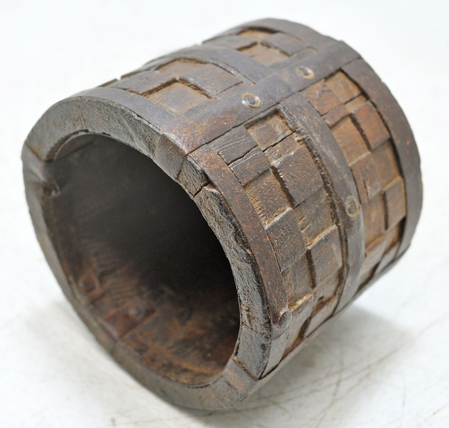 Vintage Wooden Small Planter Pot Original Old Hand Crafted Metal Fitted Carved