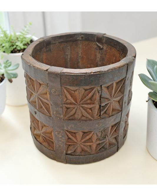 Vintage Wooden Small Planter Pot Original Old Hand Crafted Metal Fitted Carved