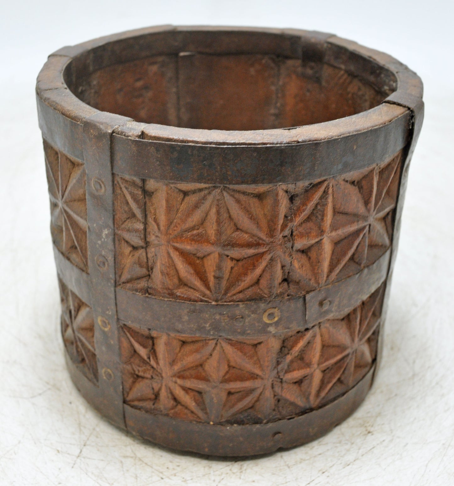 Vintage Wooden Small Planter Pot Original Old Hand Crafted Metal Fitted Carved