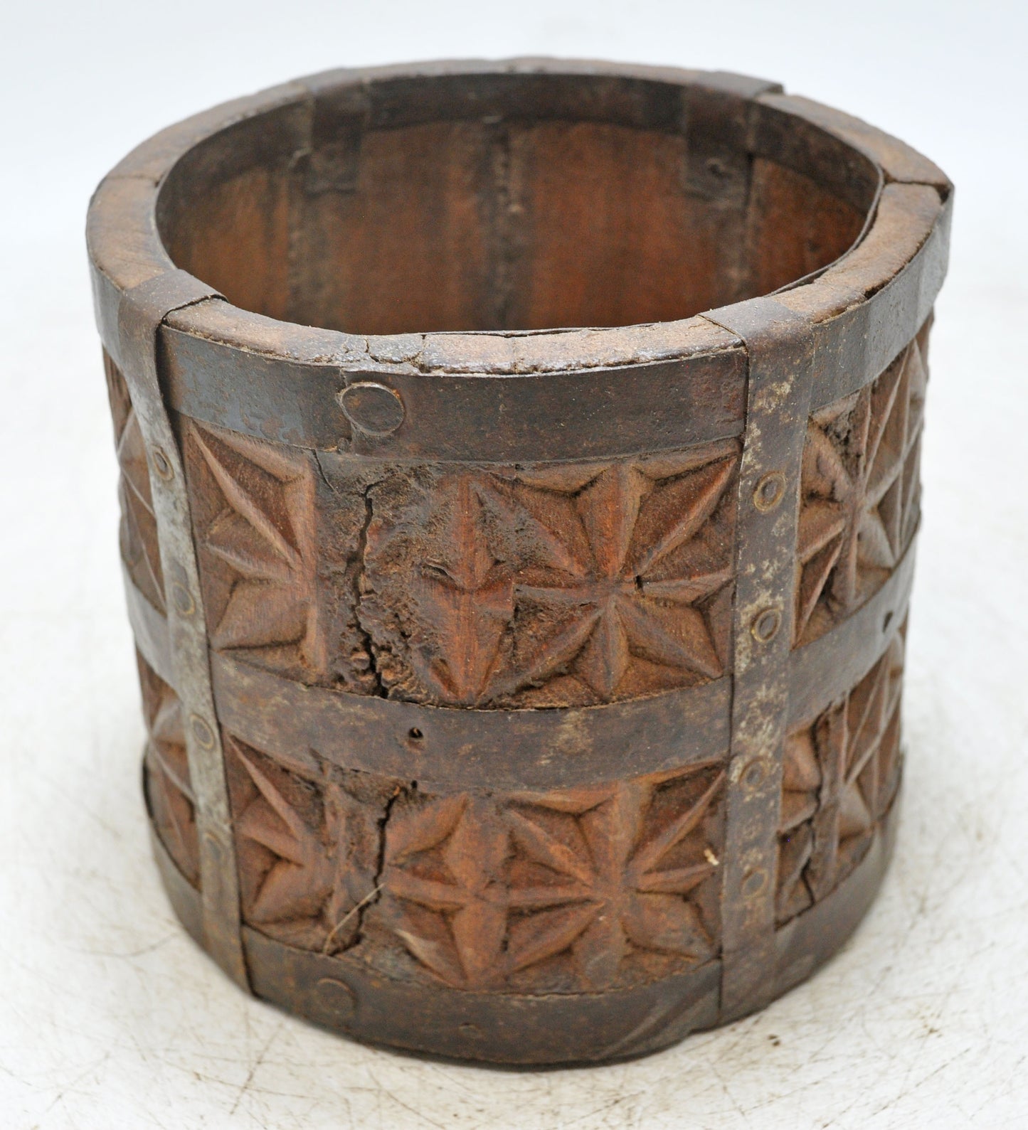 Vintage Wooden Small Planter Pot Original Old Hand Crafted Metal Fitted Carved