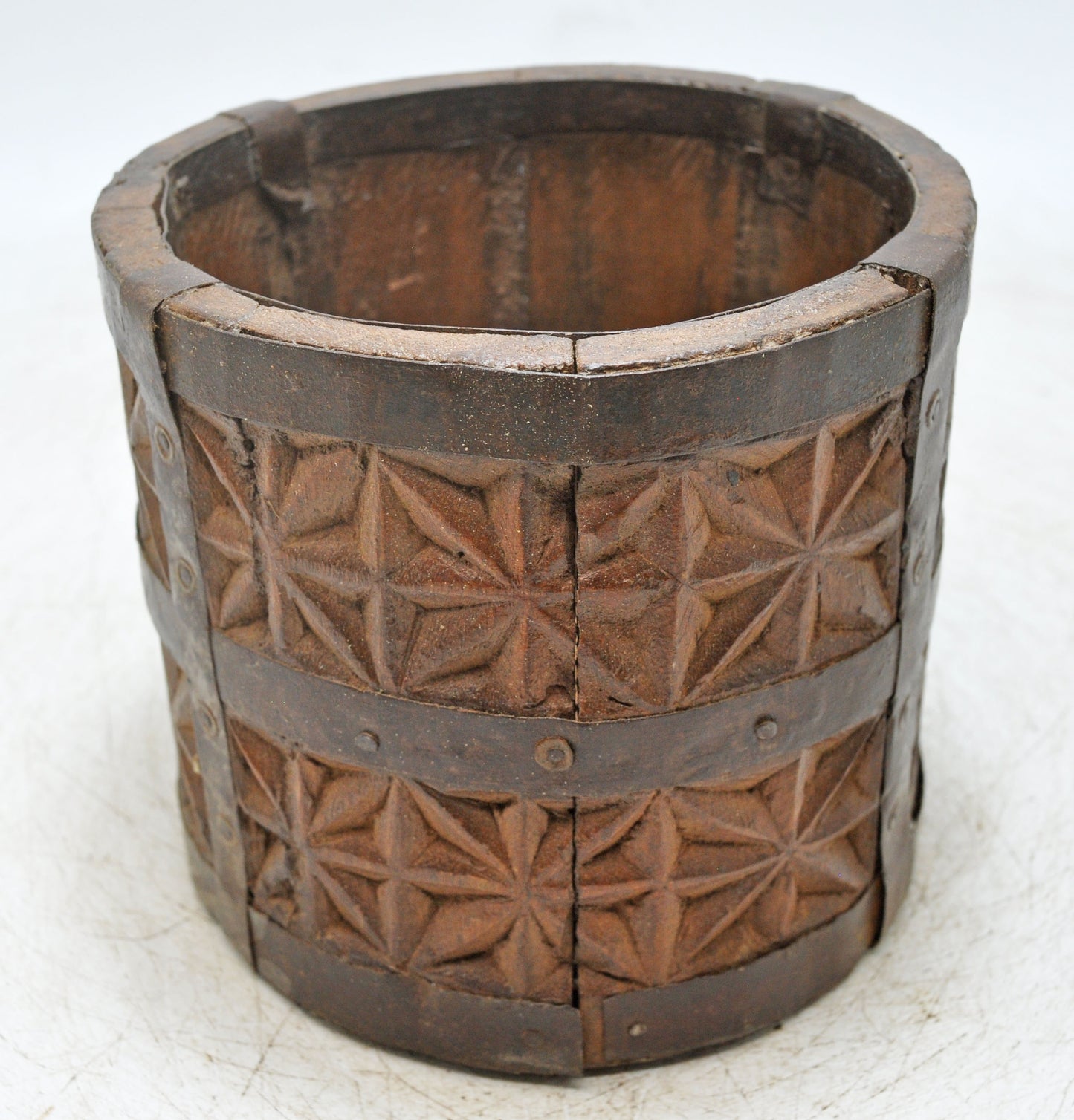 Vintage Wooden Small Planter Pot Original Old Hand Crafted Metal Fitted Carved