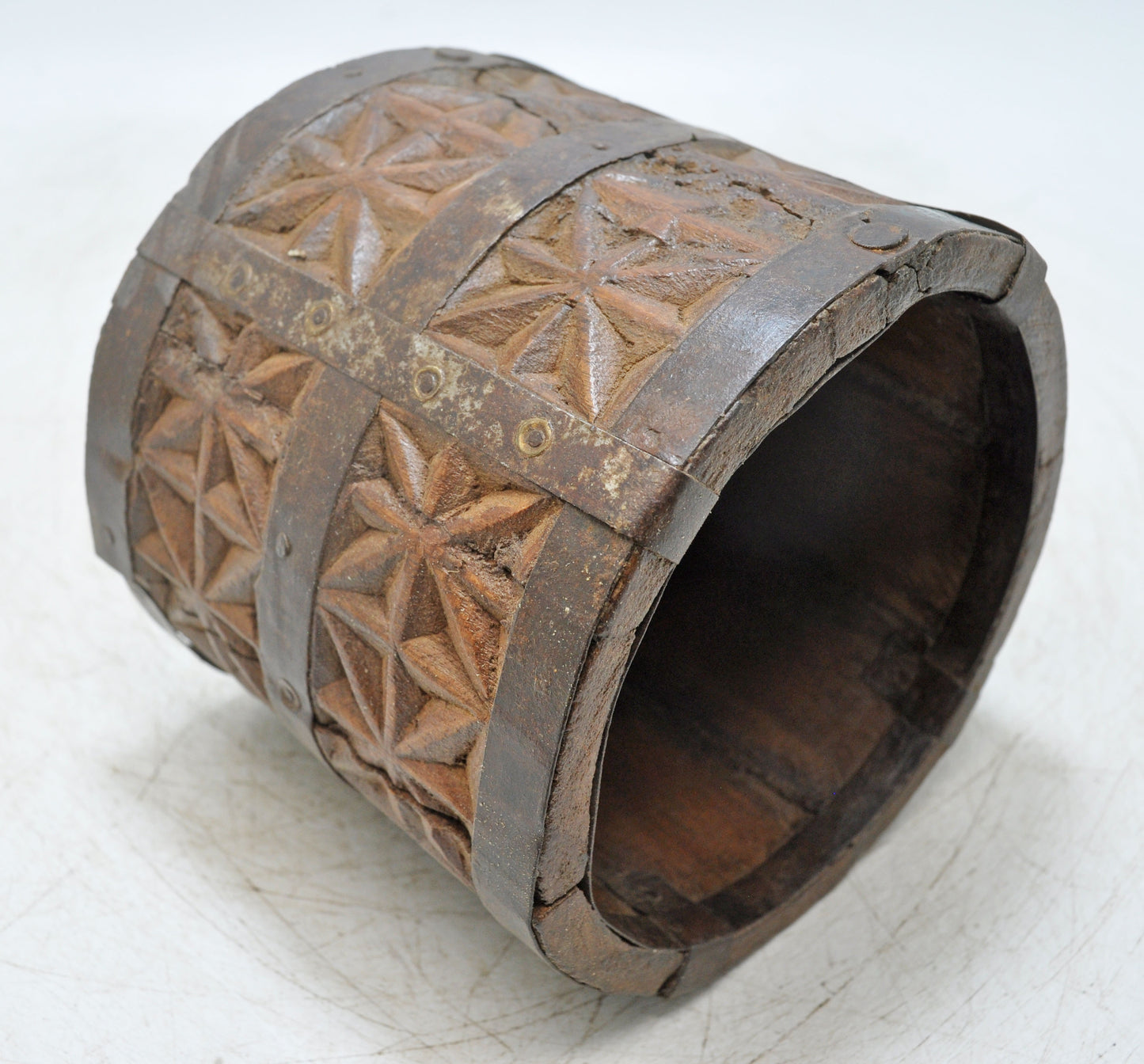 Vintage Wooden Small Planter Pot Original Old Hand Crafted Metal Fitted Carved