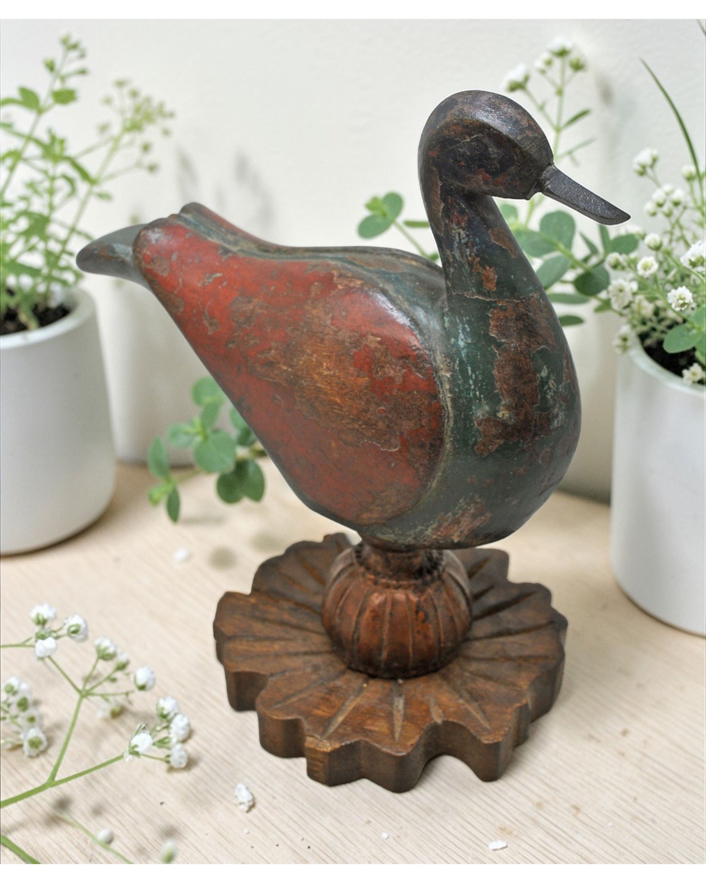 Vintage Wooden Bird Duck Figurine Original Old Fine Hand Carved Painted