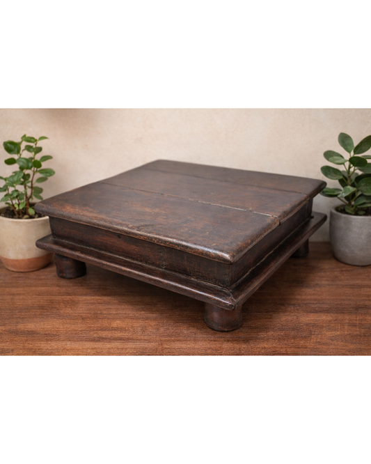 Antique Wooden Square Floor Sitting Bajot Stool Original Old Hand Crafted