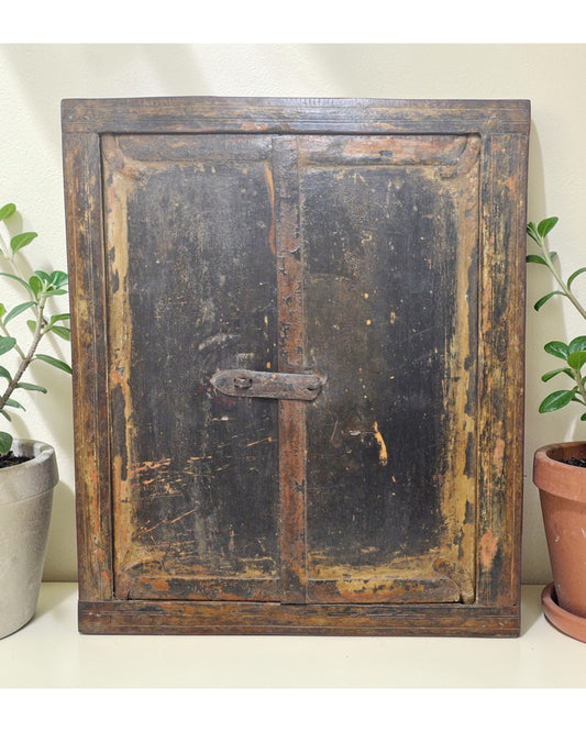 Antique Wooden Wall Décor Window Panel With Frame Original Old Rustic Painted