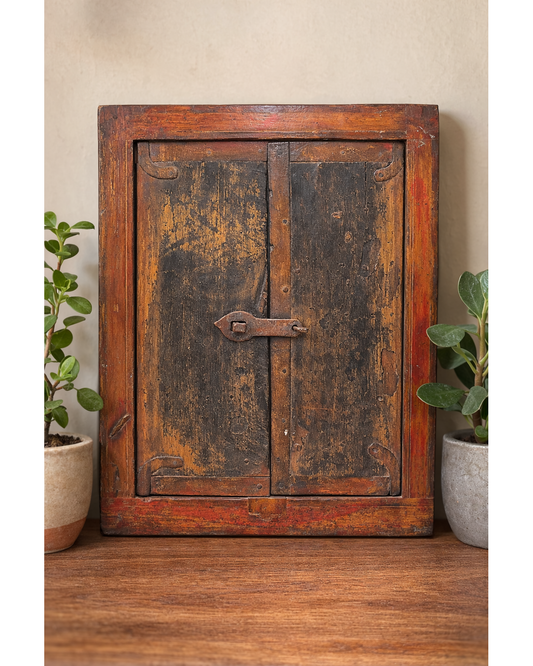 Antique Wooden Wall Décor Window Panel With Frame Original Old Rustic Painted