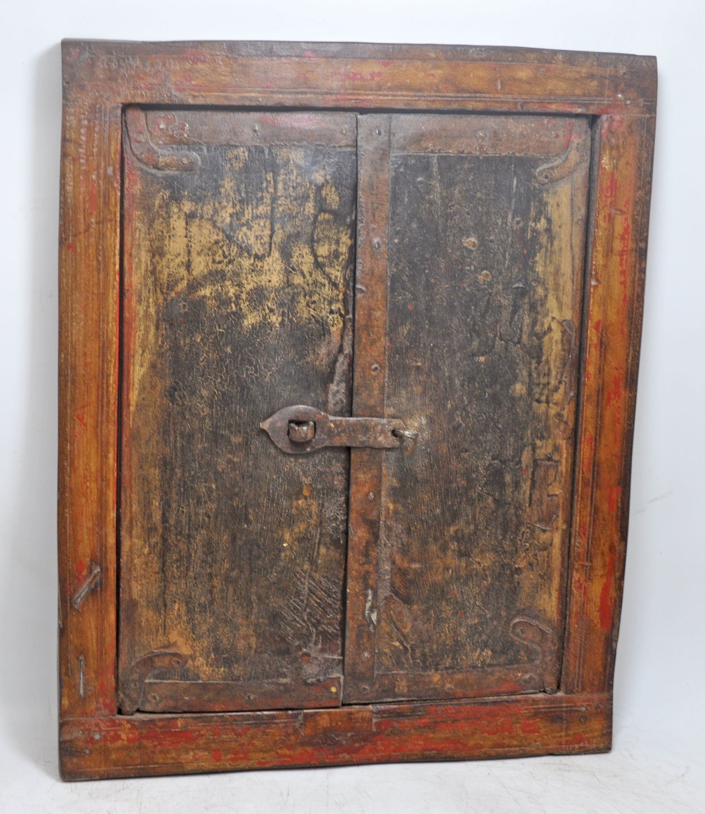 Antique Wooden Wall Décor Window Panel With Frame Original Old Rustic Painted