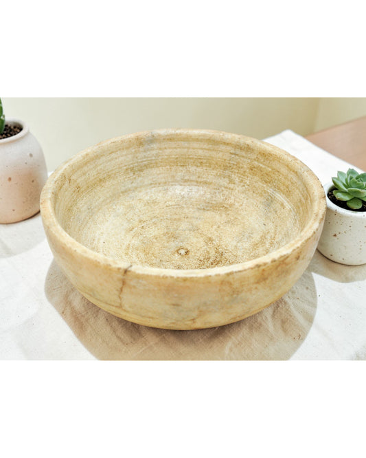 Antique White Marble Round Curry Bowl Original Old Hand Carved