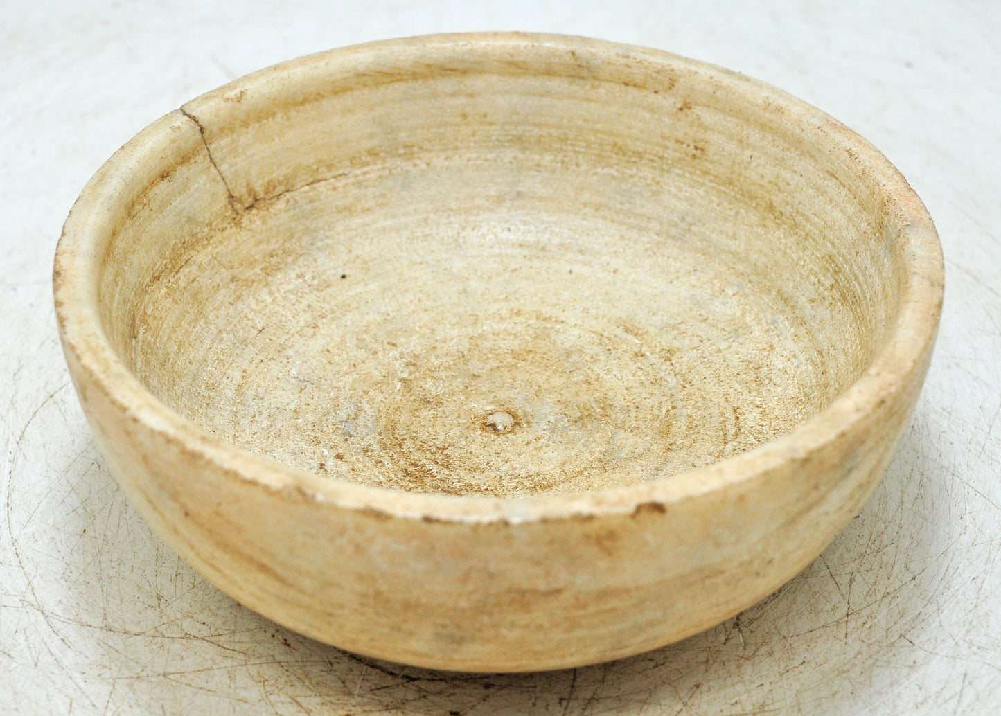 Antique White Marble Round Curry Bowl Original Old Hand Carved