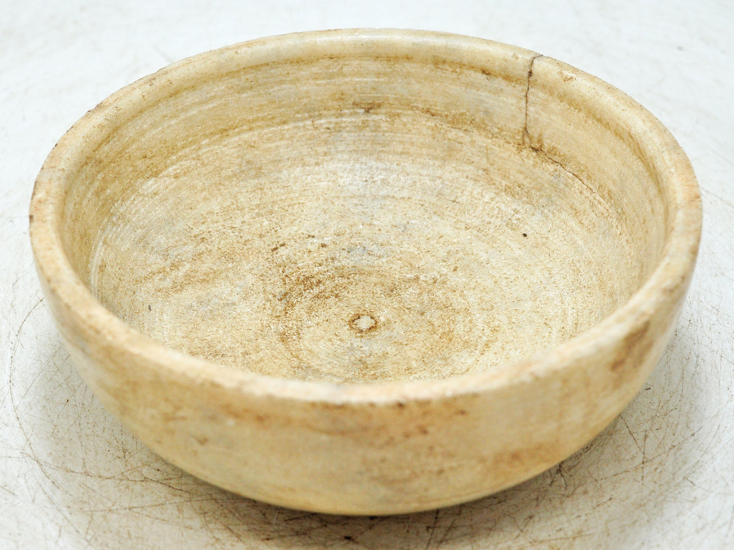 Antique White Marble Round Curry Bowl Original Old Hand Carved