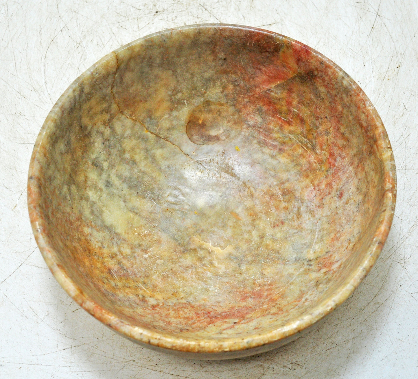 Antique White Marble Round Curry Bowl Original Old Hand Carved
