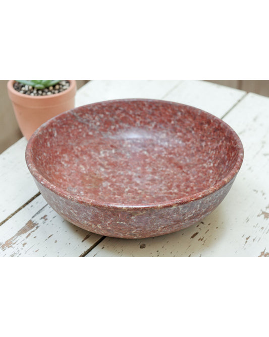 Antique Red Stone Round Curry Bowl Original Old Hand Carved