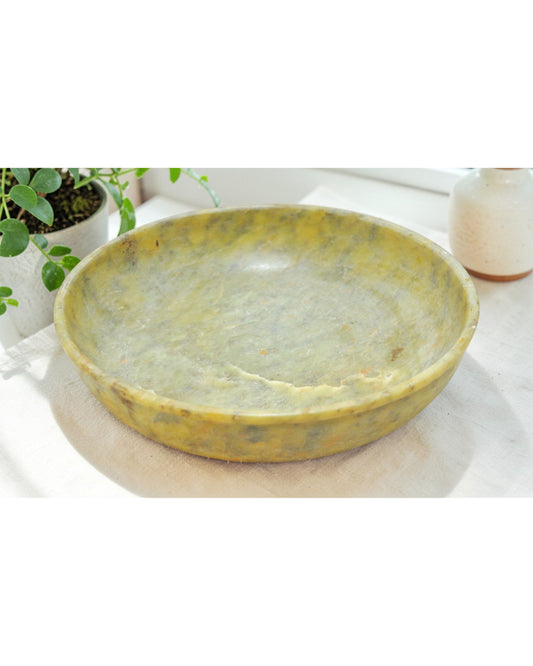 Antique Green Stone Round Curry Bowl Original Old Hand Carved