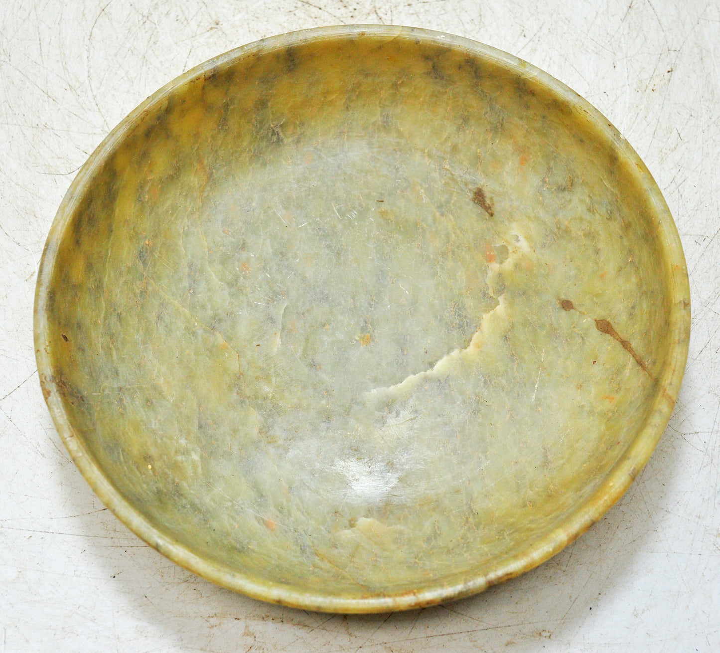 Antique Green Stone Round Curry Bowl Original Old Hand Carved