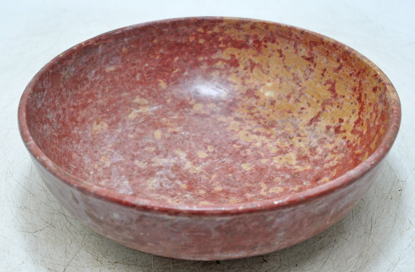Antique Red Stone Round Curry Bowl Original Old Hand Carved