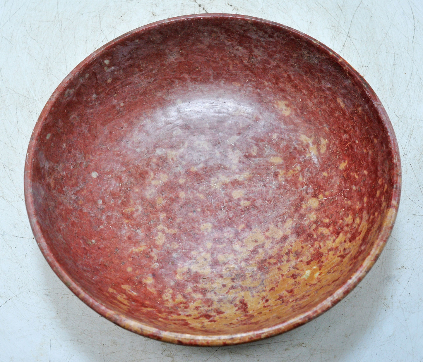 Antique Red Stone Round Curry Bowl Original Old Hand Carved