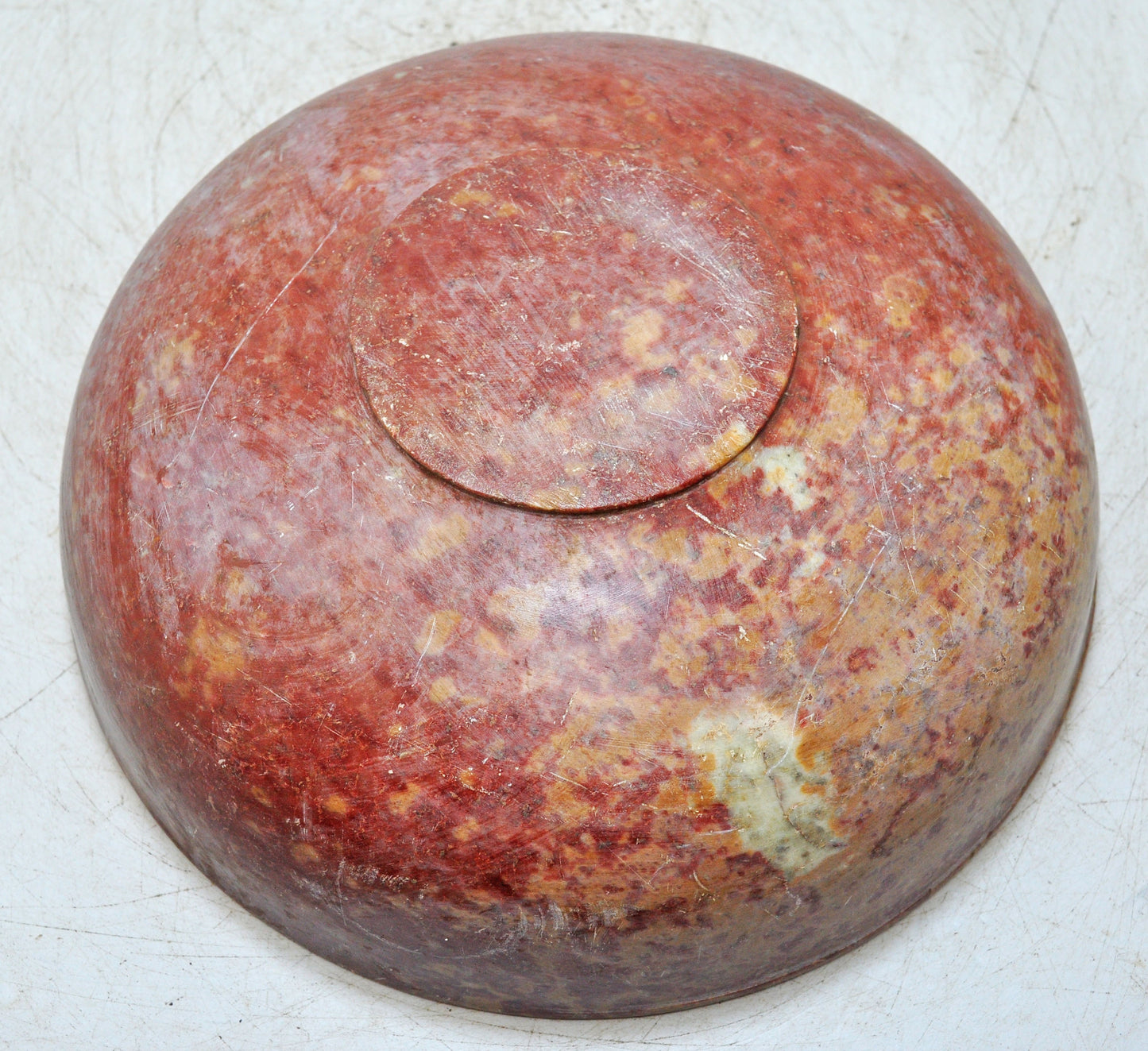Antique Red Stone Round Curry Bowl Original Old Hand Carved