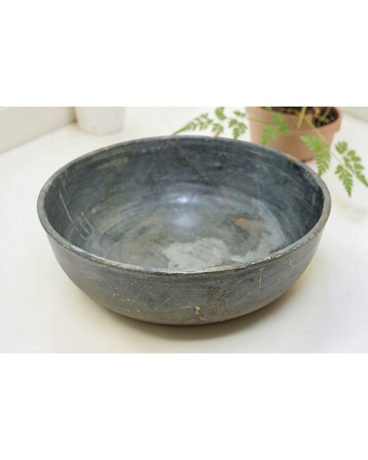 Antique Black Stone Round Curry Bowl Original Old Hand Carved
