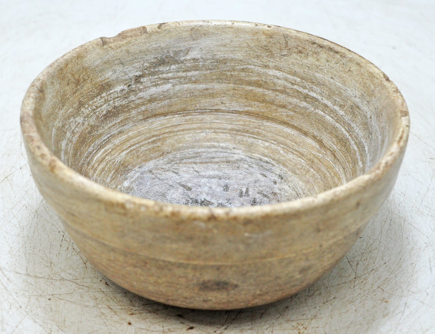 Antique White Marble Round Curry Bowl Original Old Hand Carved