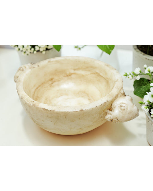 Vintage White Marble Round Ram Head Bowl Original Old Hand Carved