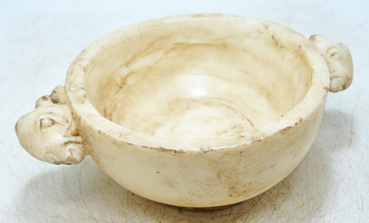 Vintage White Marble Round Ram Head Bowl Original Old Hand Carved