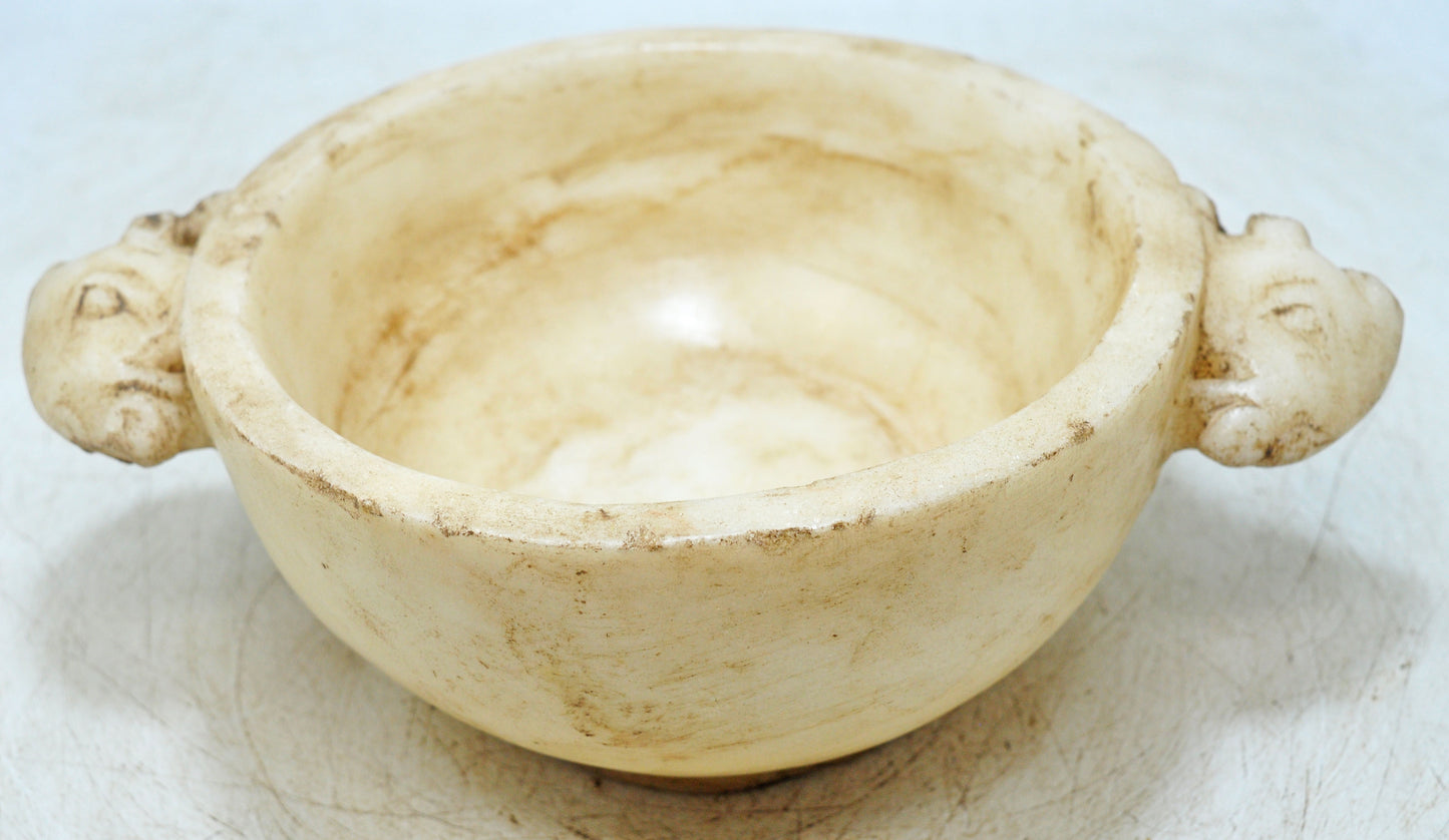 Vintage White Marble Round Ram Head Bowl Original Old Hand Carved