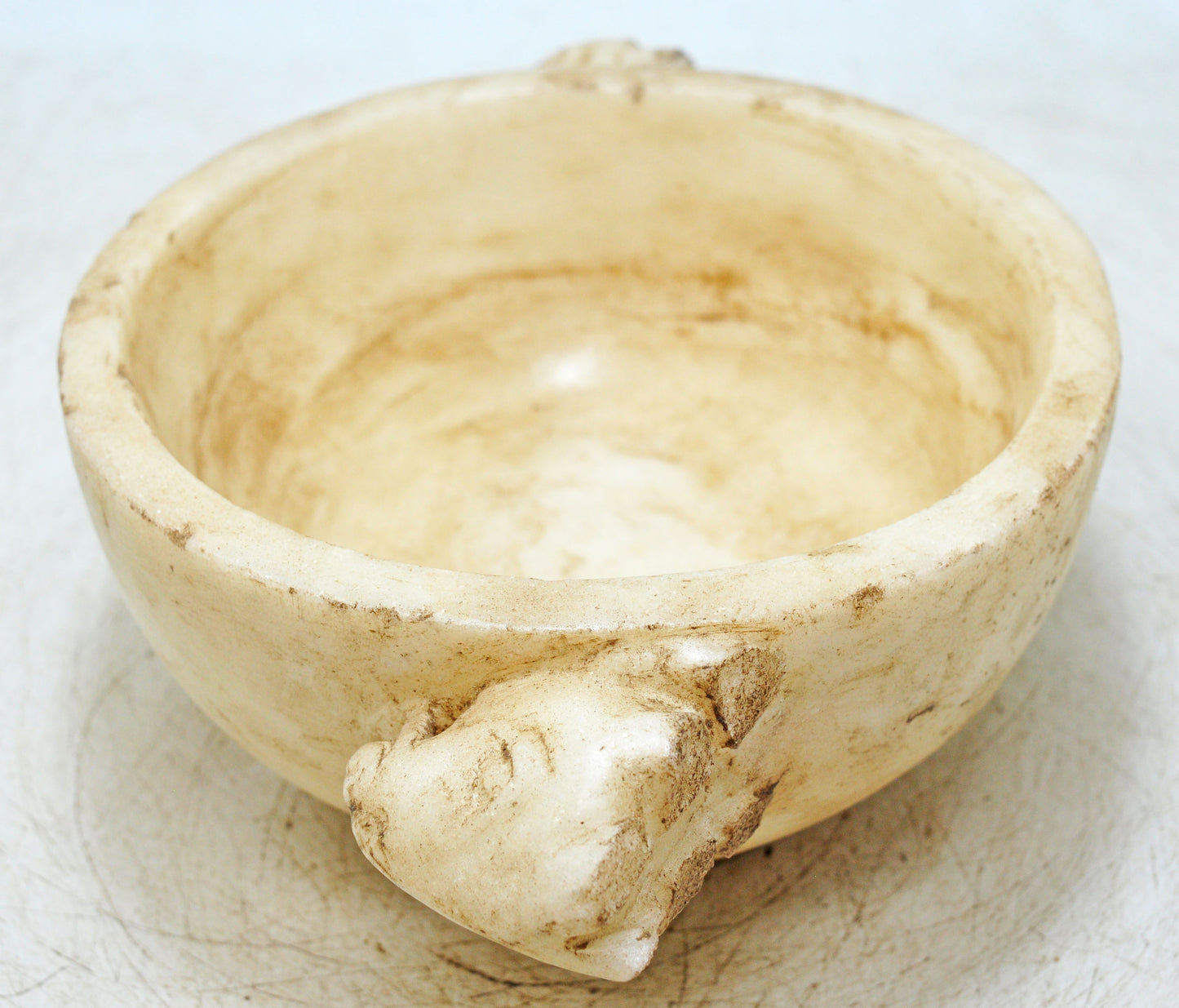 Vintage White Marble Round Ram Head Bowl Original Old Hand Carved