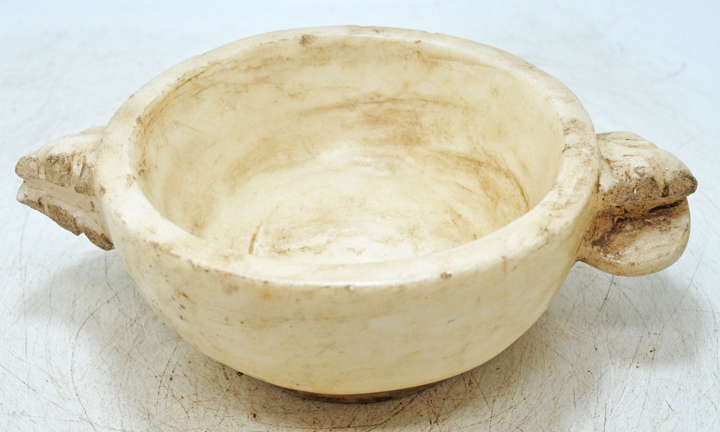 Vintage White Marble Round Ram Head Bowl Original Old Hand Carved