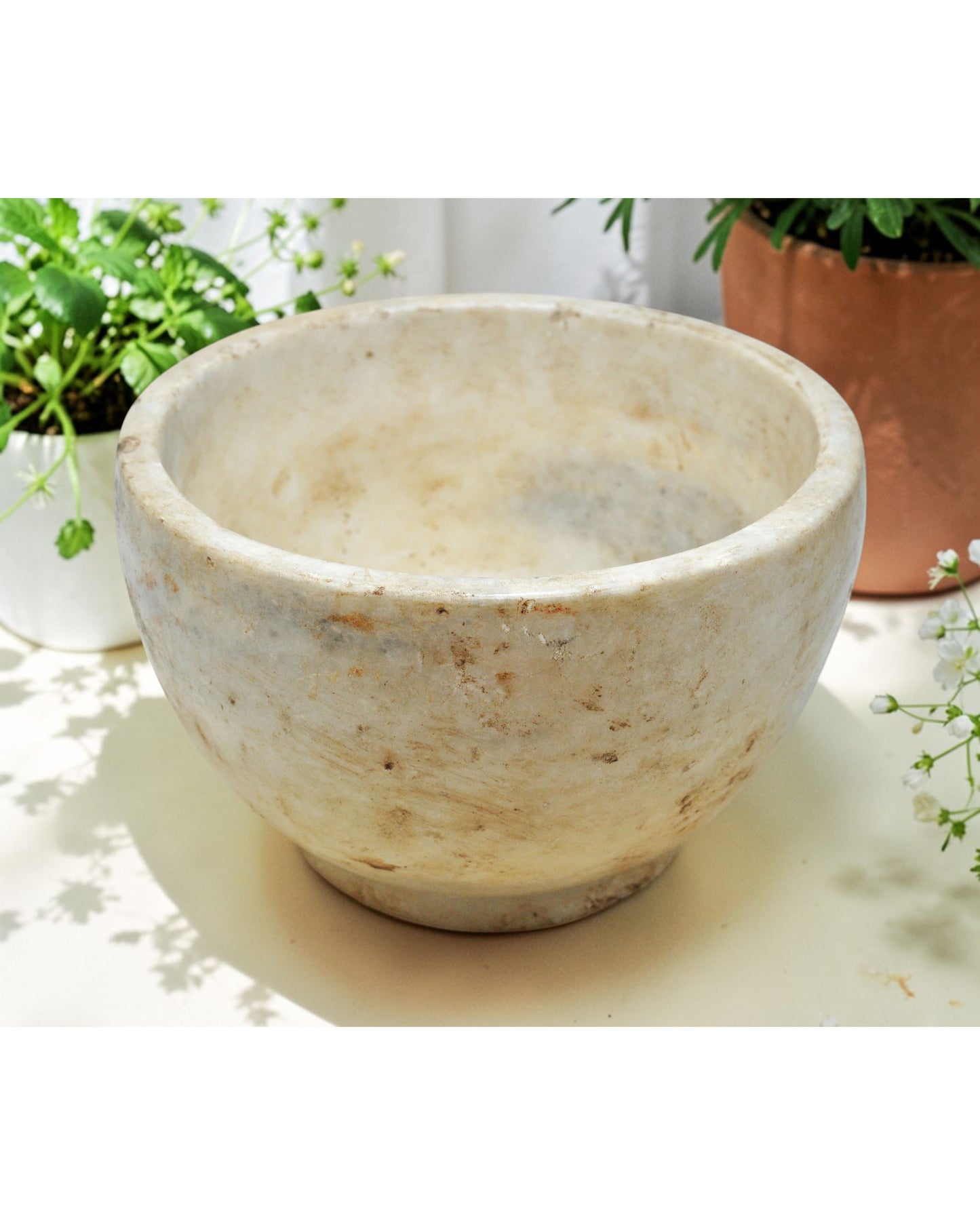 Antique White Marble Round Curry Bowl Original Old Hand Carved