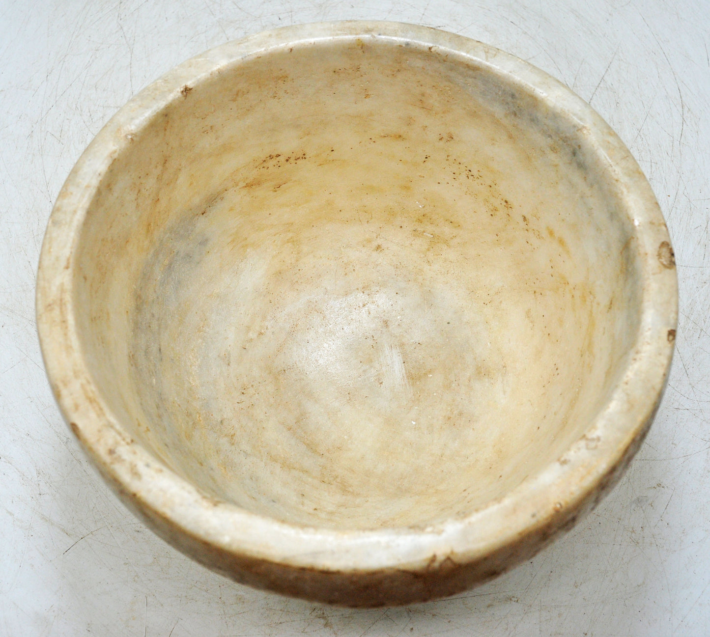 Antique White Marble Round Curry Bowl Original Old Hand Carved