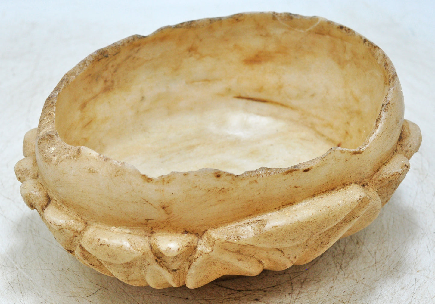 Vintage White Marble Round Floral Shaped Bowl Original Old Fine Hand Carved