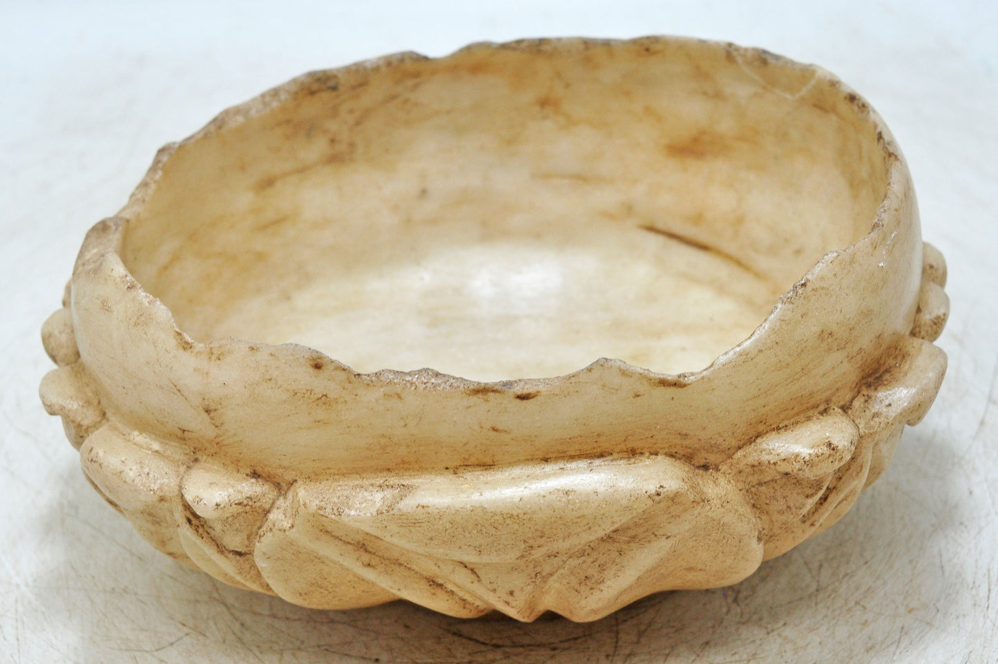 Vintage White Marble Round Floral Shaped Bowl Original Old Fine Hand Carved