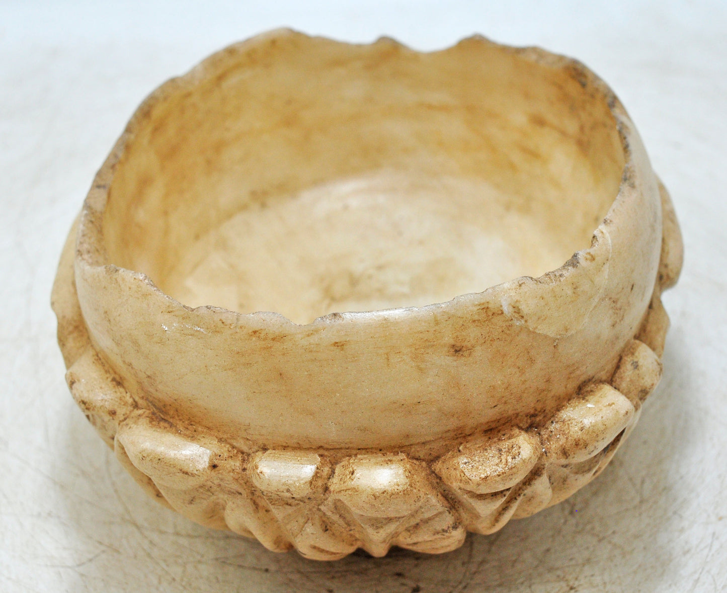 Vintage White Marble Round Floral Shaped Bowl Original Old Fine Hand Carved