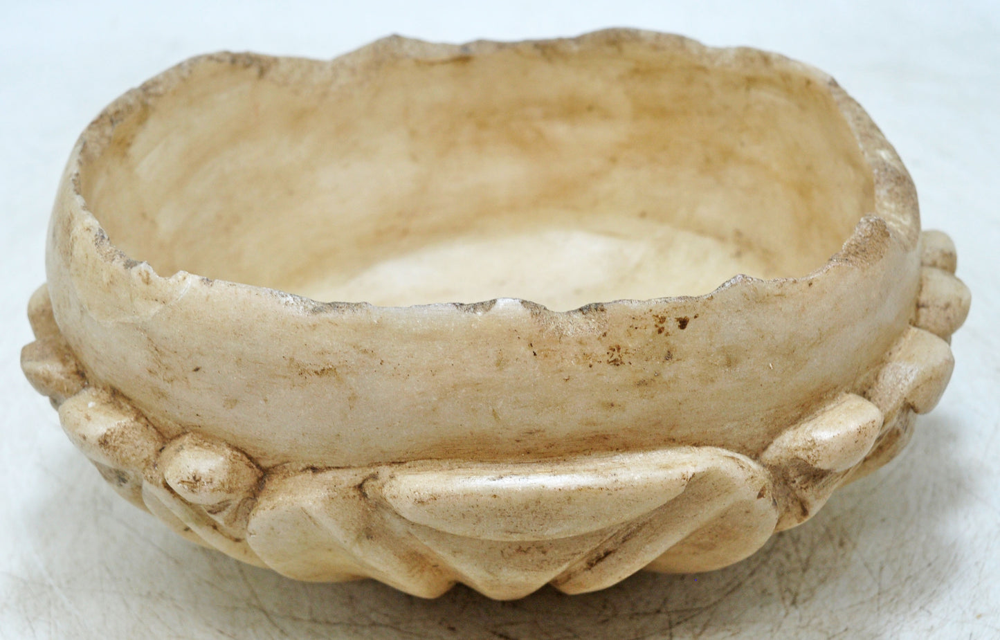 Vintage White Marble Round Floral Shaped Bowl Original Old Fine Hand Carved