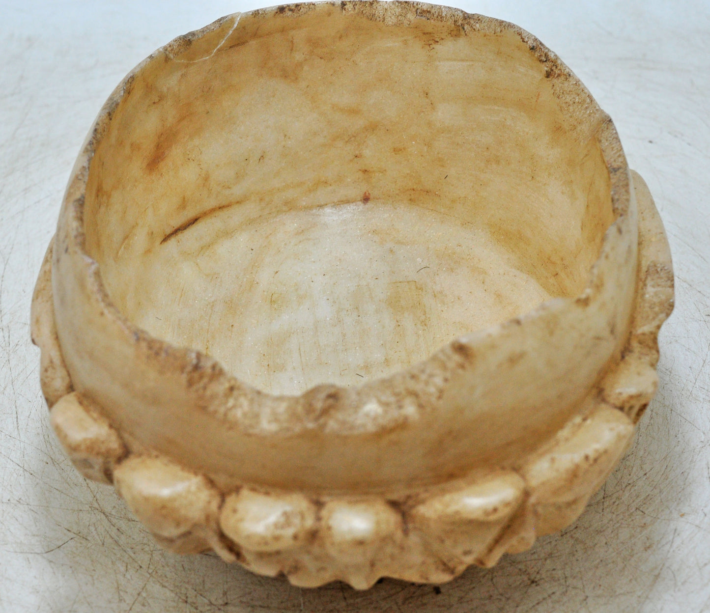 Vintage White Marble Round Floral Shaped Bowl Original Old Fine Hand Carved
