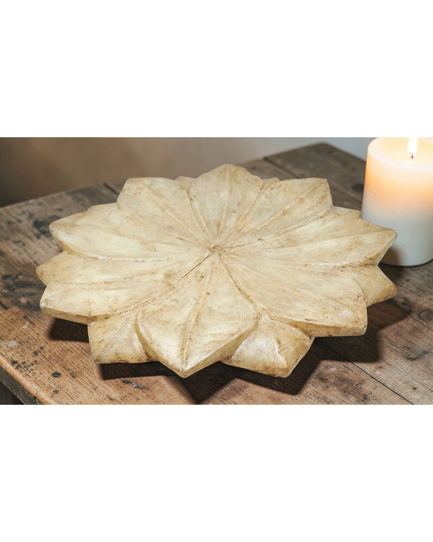 Vintage White Marble Large Lotus Floral Shaped Bowl Original Old Fine Hand Carved