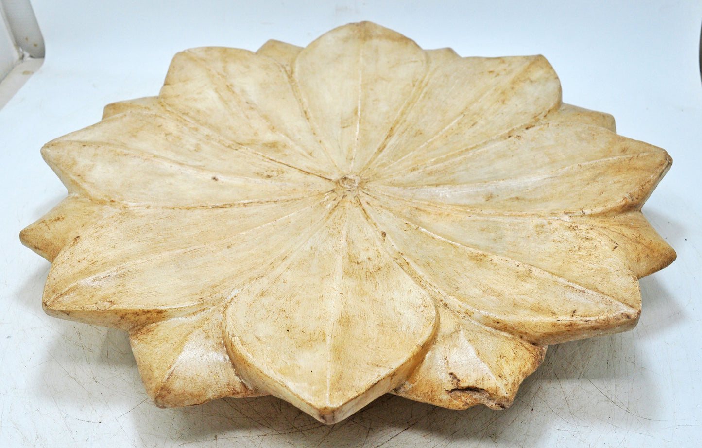 Vintage White Marble Large Lotus Floral Shaped Bowl Original Old Fine Hand Carved