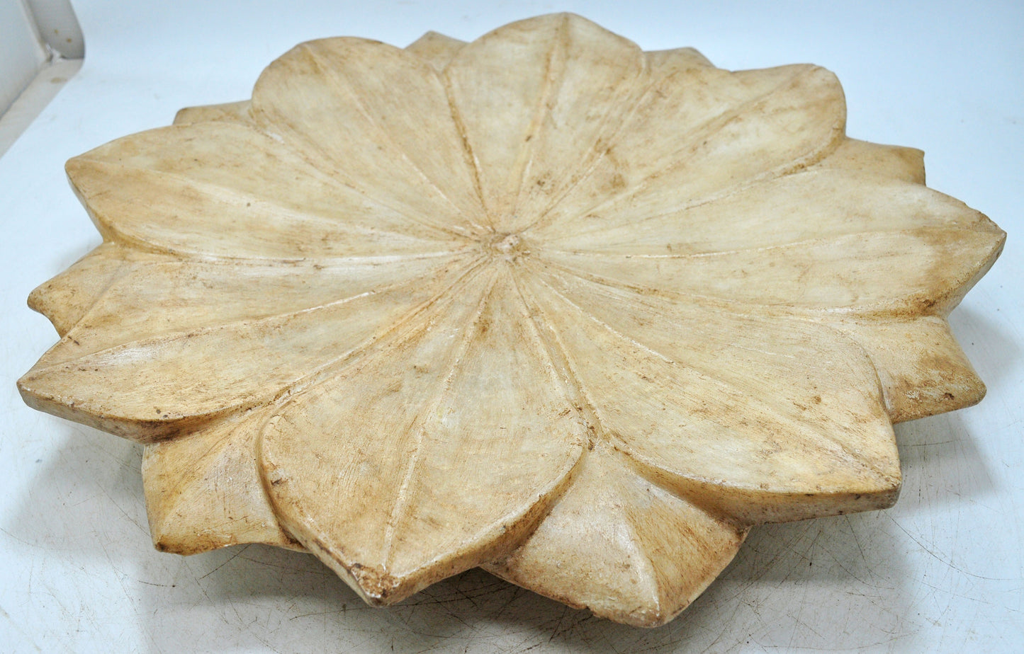 Vintage White Marble Large Lotus Floral Shaped Bowl Original Old Fine Hand Carved