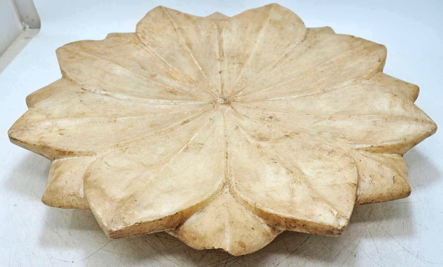 Vintage White Marble Large Lotus Floral Shaped Bowl Original Old Fine Hand Carved