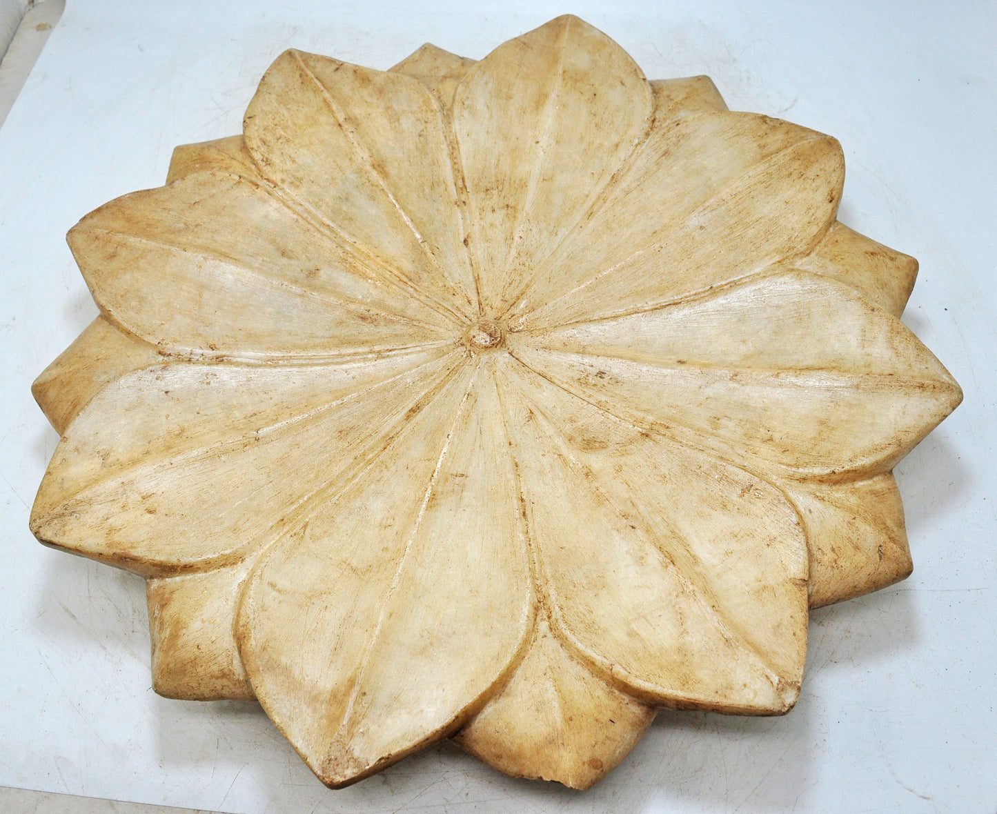Vintage White Marble Large Lotus Floral Shaped Bowl Original Old Fine Hand Carved