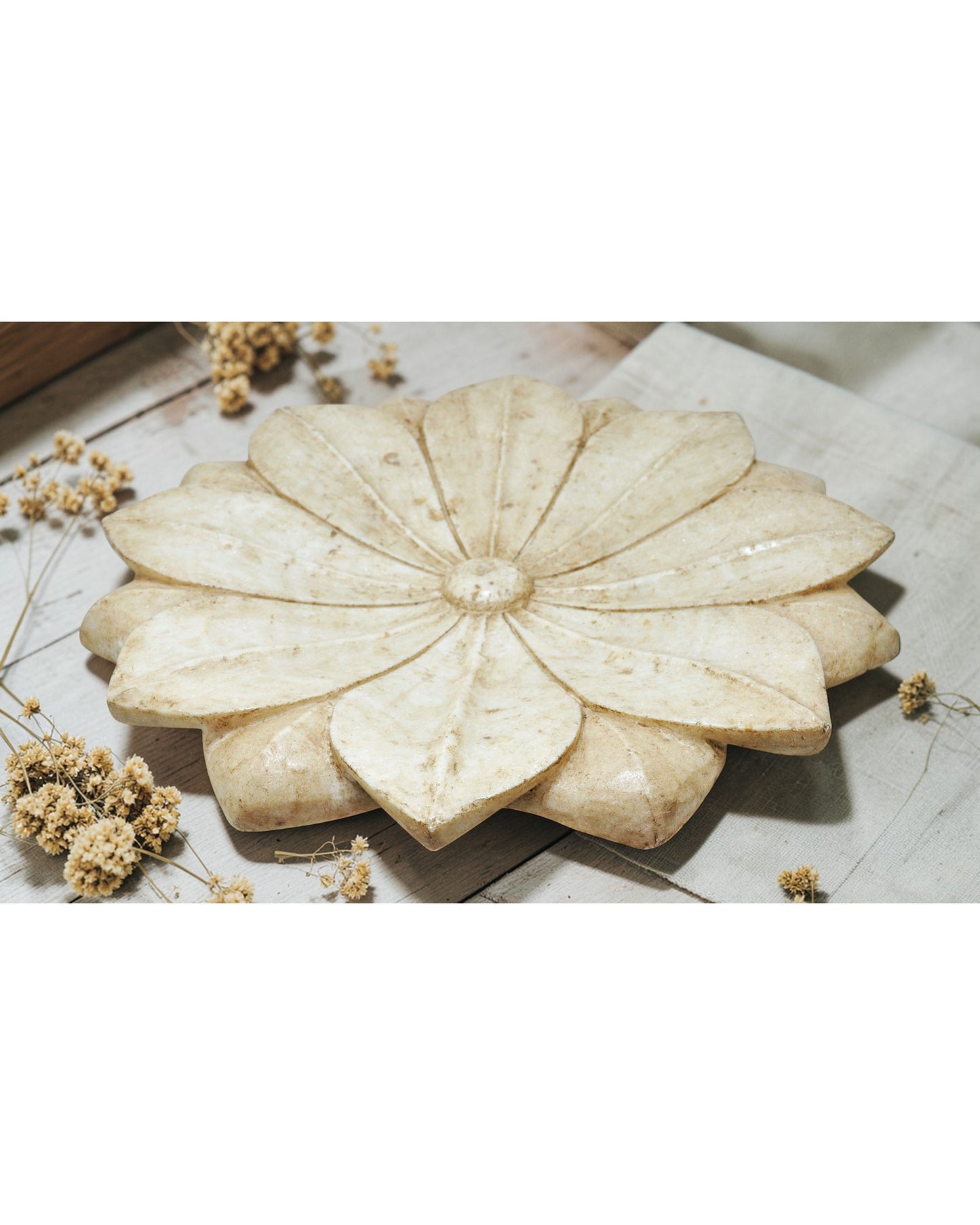 Vintage White Marble Large Lotus Floral Shaped Bowl Original Old Fine Hand Carved