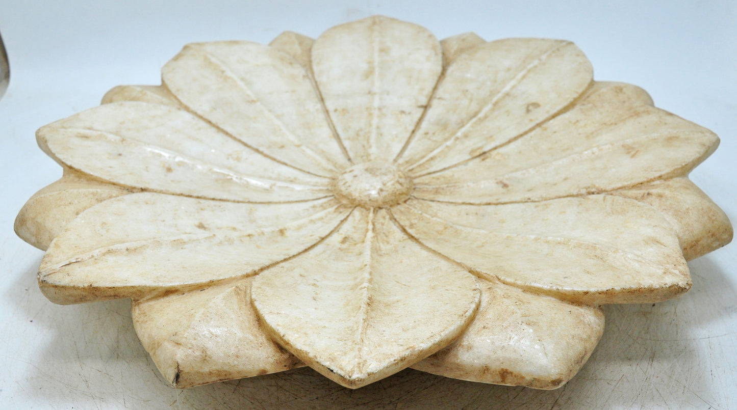 Vintage White Marble Large Lotus Floral Shaped Bowl Original Old Fine Hand Carved