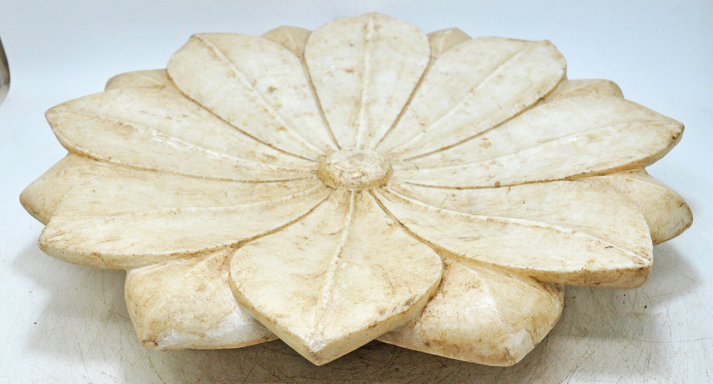 Vintage White Marble Large Lotus Floral Shaped Bowl Original Old Fine Hand Carved
