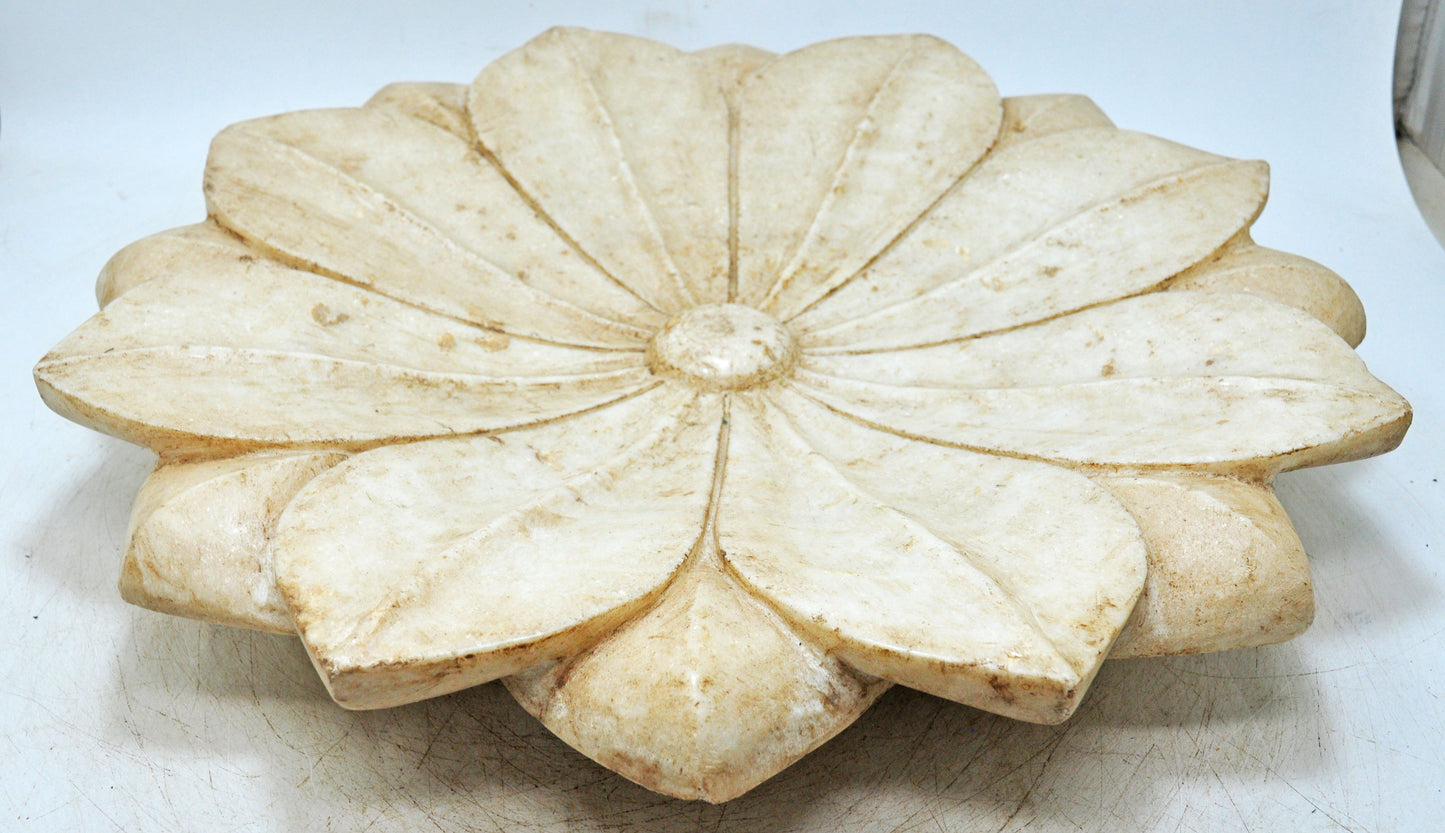 Vintage White Marble Large Lotus Floral Shaped Bowl Original Old Fine Hand Carved