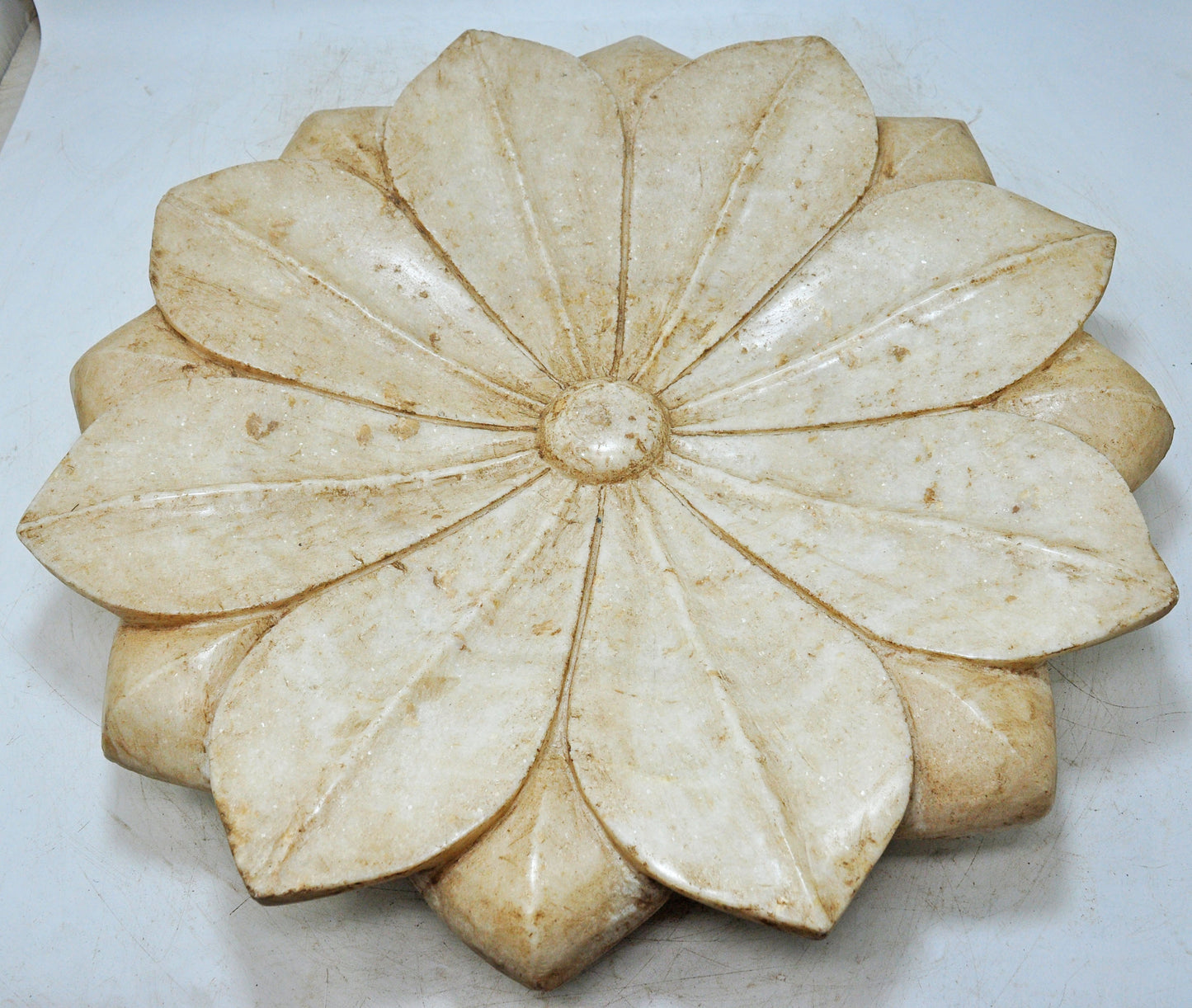Vintage White Marble Large Lotus Floral Shaped Bowl Original Old Fine Hand Carved
