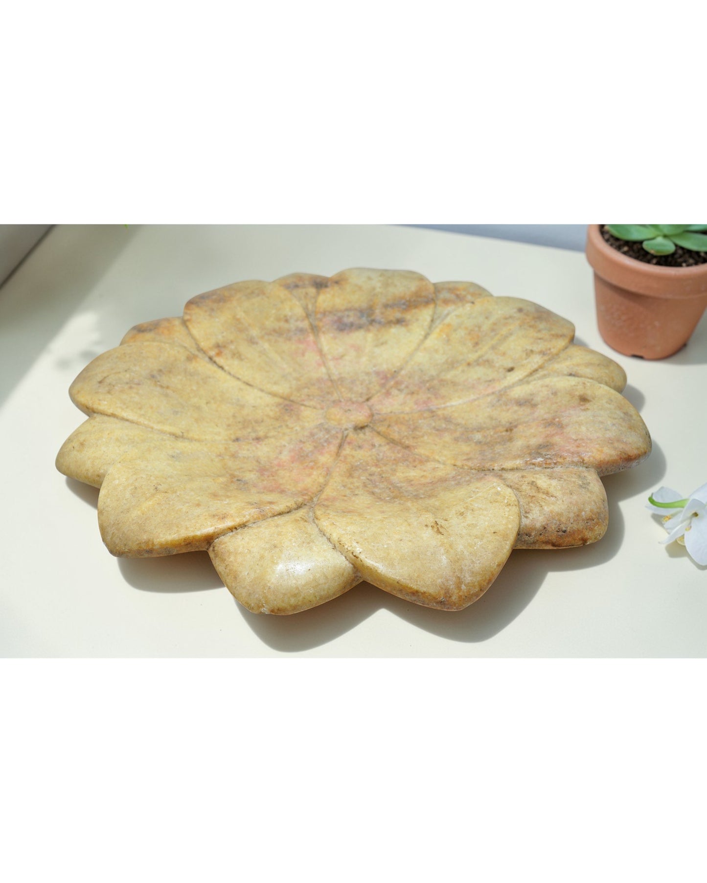 Vintage White Marble Large Lotus Floral Shaped Bowl Original Old Fine Hand Carved