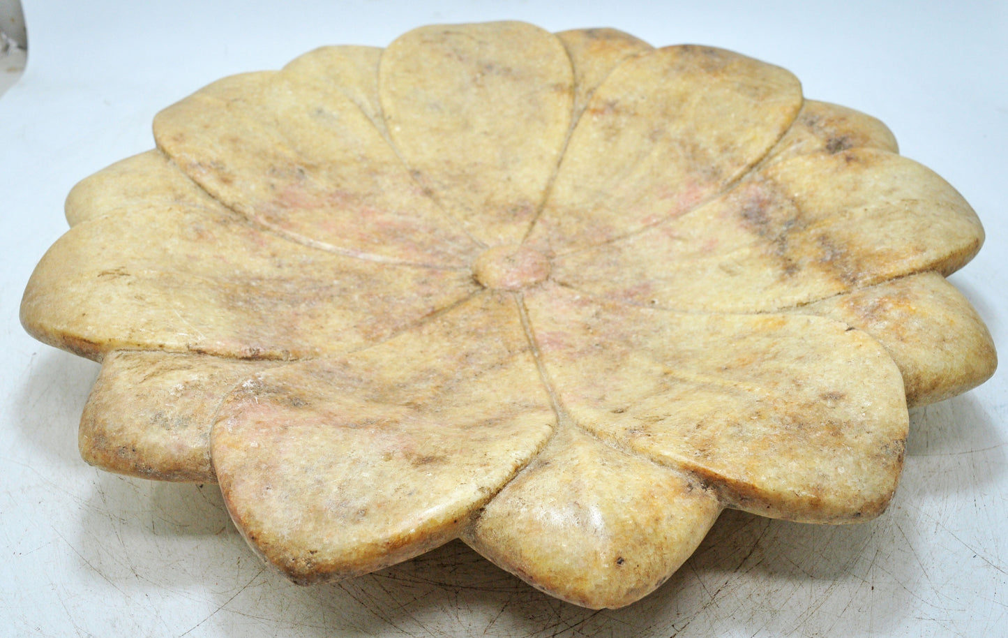Vintage White Marble Large Lotus Floral Shaped Bowl Original Old Fine Hand Carved