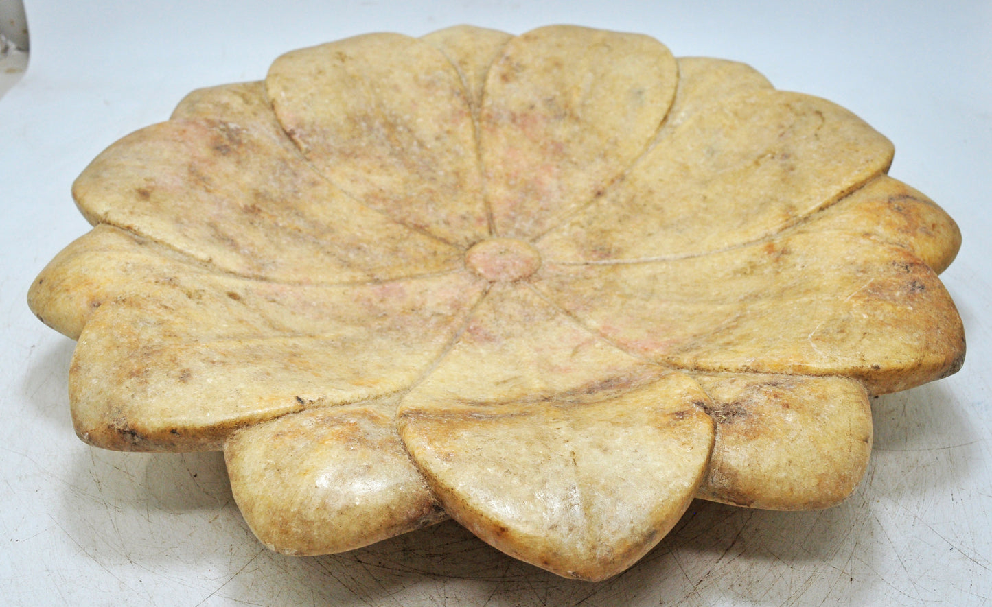 Vintage White Marble Large Lotus Floral Shaped Bowl Original Old Fine Hand Carved