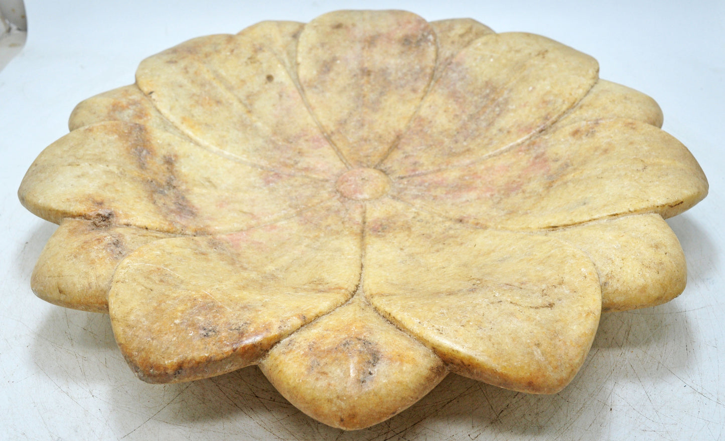 Vintage White Marble Large Lotus Floral Shaped Bowl Original Old Fine Hand Carved