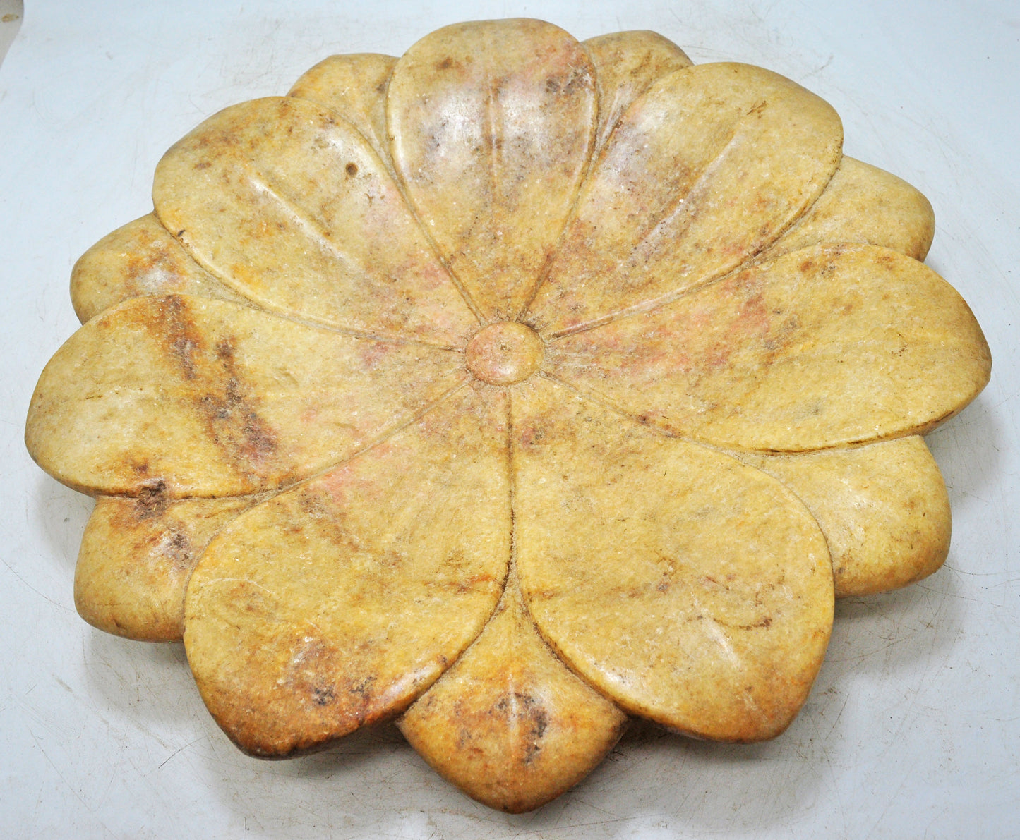 Vintage White Marble Large Lotus Floral Shaped Bowl Original Old Fine Hand Carved
